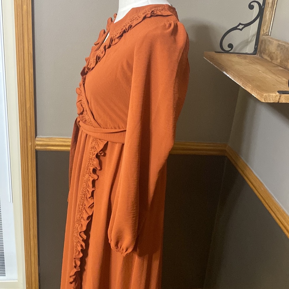 Simplee burnt orange v neck ruffle wrap long sleeve dress size small - Picture 3 of 11